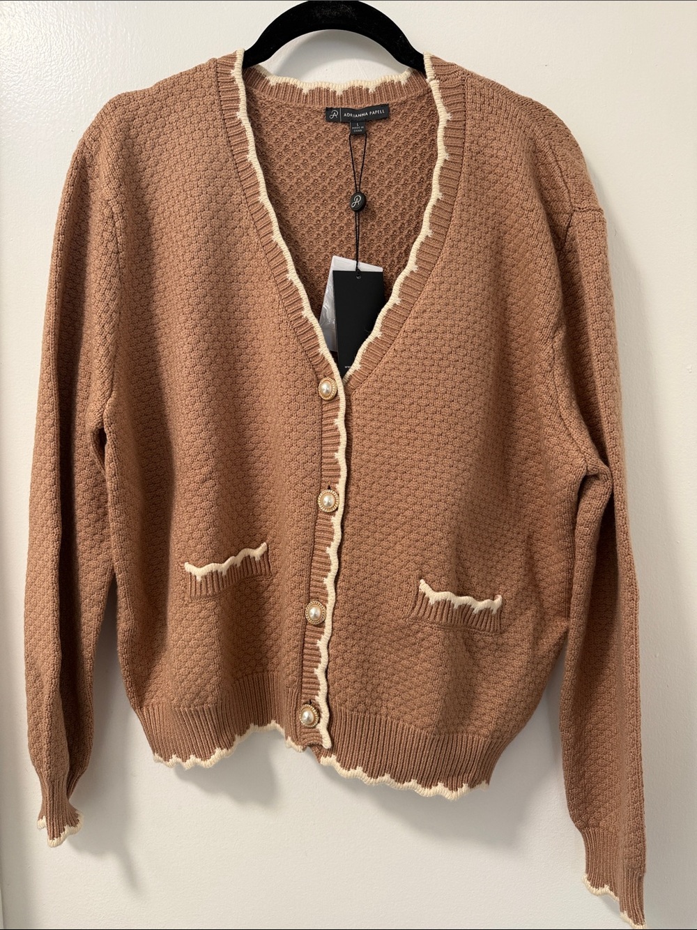 Adrianna Papell | Camel Brown Cardigan with Cream Trim